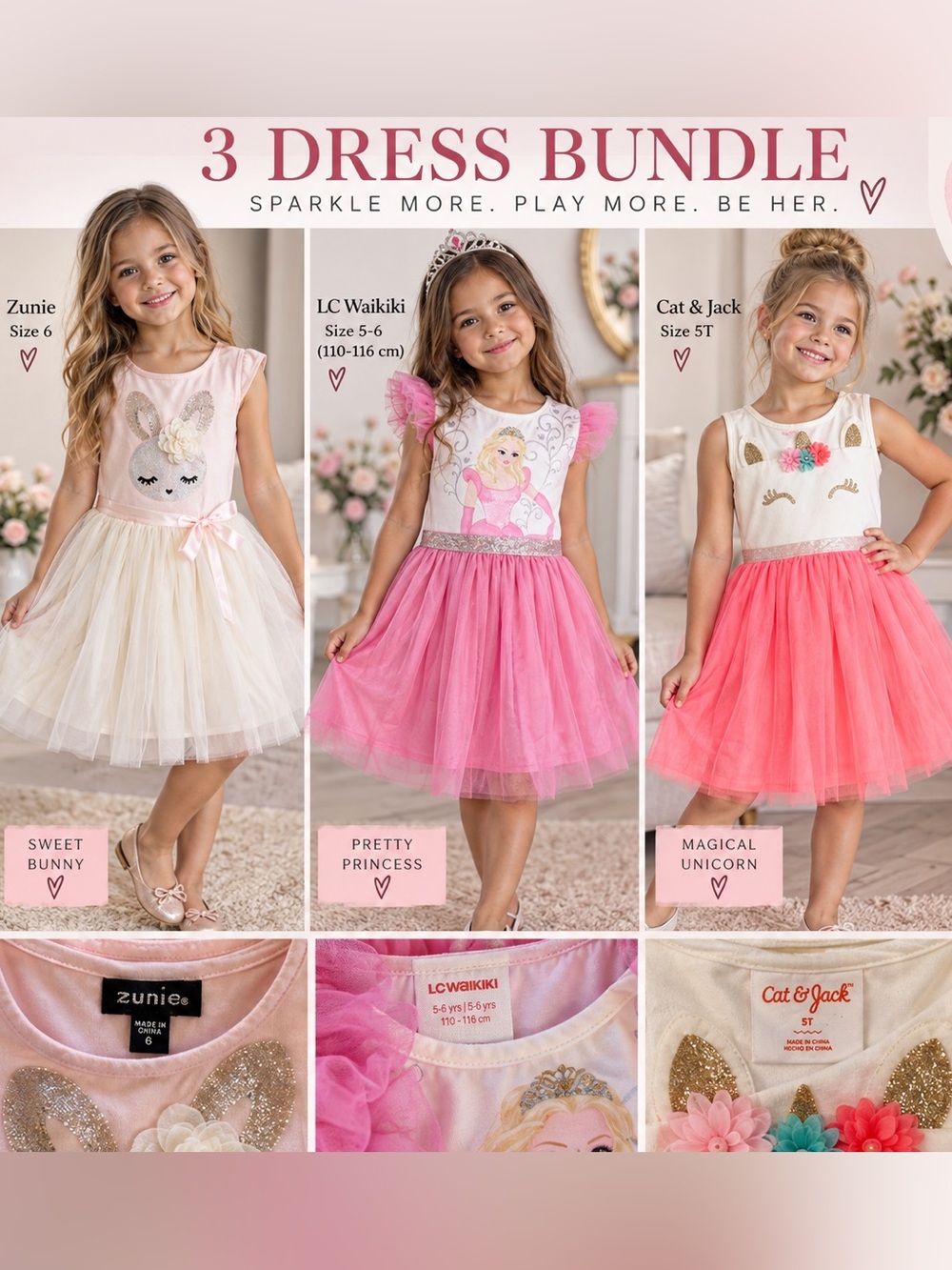 Girls Tulle Party Dress Lot Size 5T 5-6 6 Princess Unicorn Bunny Pink 3pc